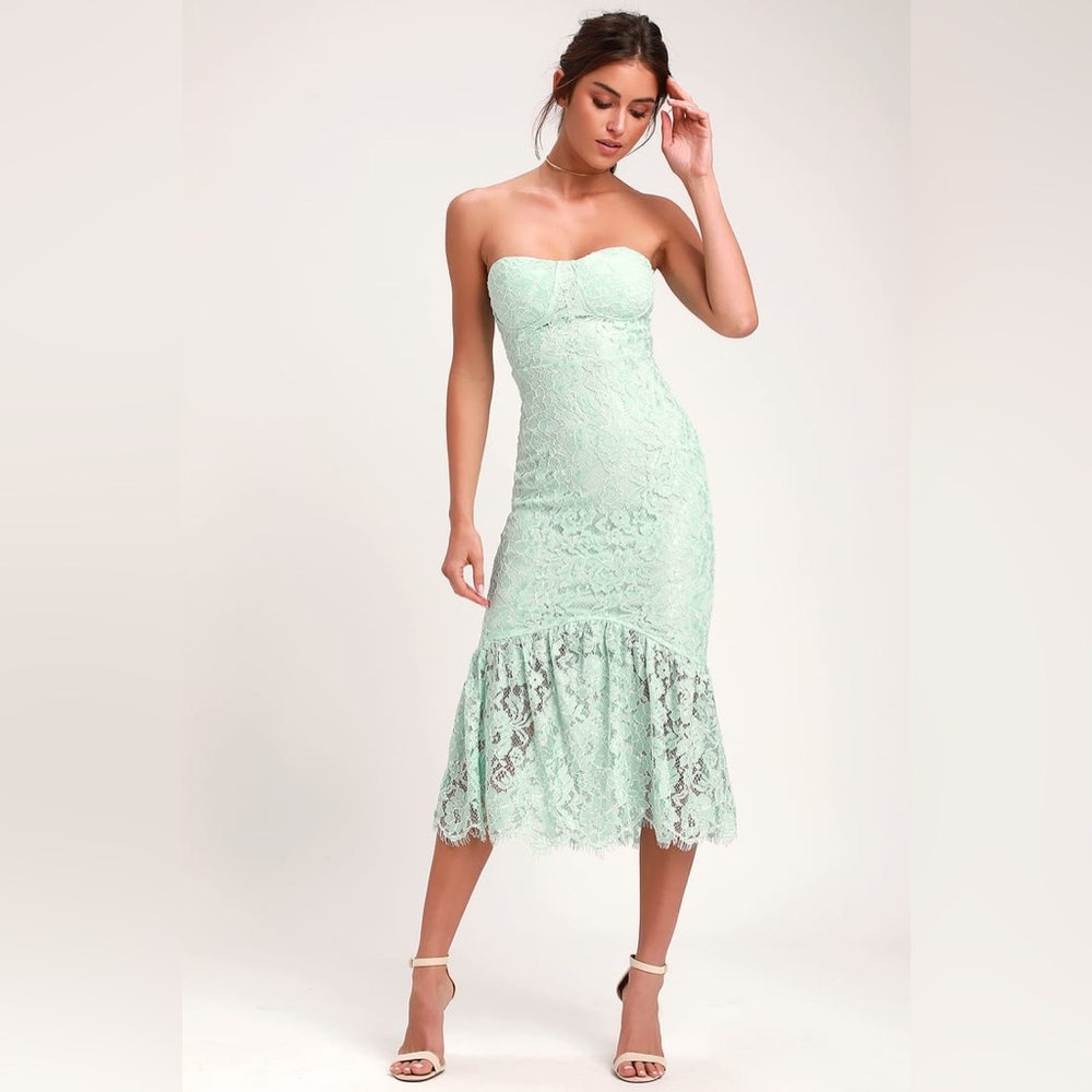 Lulu’s Divine Nights Mint Green Lace Strapless Midi Dress